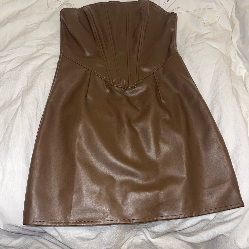 PacSun Faux Leather Strapless Brown Dress